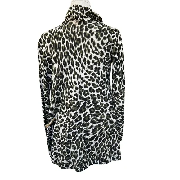 INC Green Leopard Print Open Front Cardigan with Ruffle Collar & Gold Chainmail - Picture 2 of 9